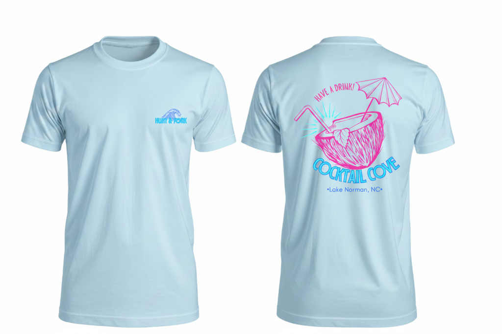 Ice Blue t-shirt with a colorful coconut cocktail design, cocktail cove.