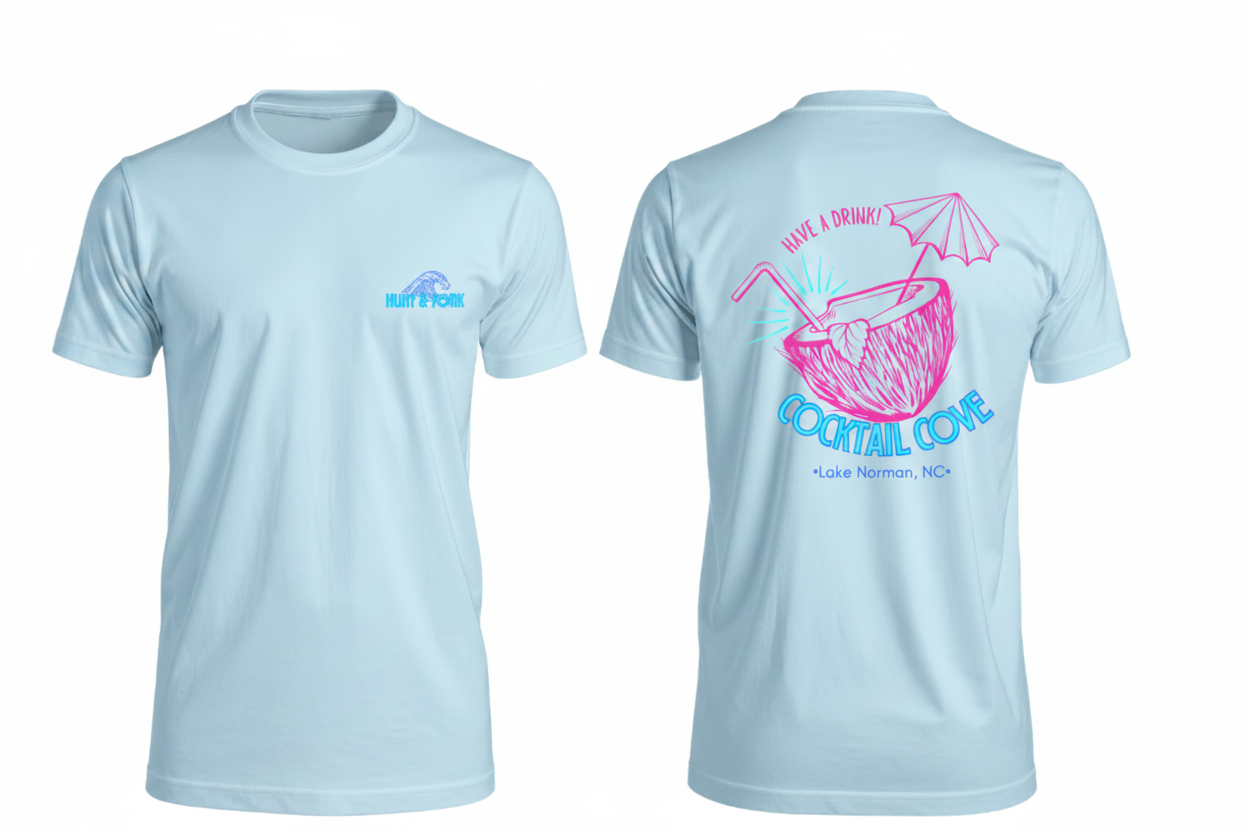 Ice Blue t-shirt with a colorful coconut cocktail design, cocktail cove.